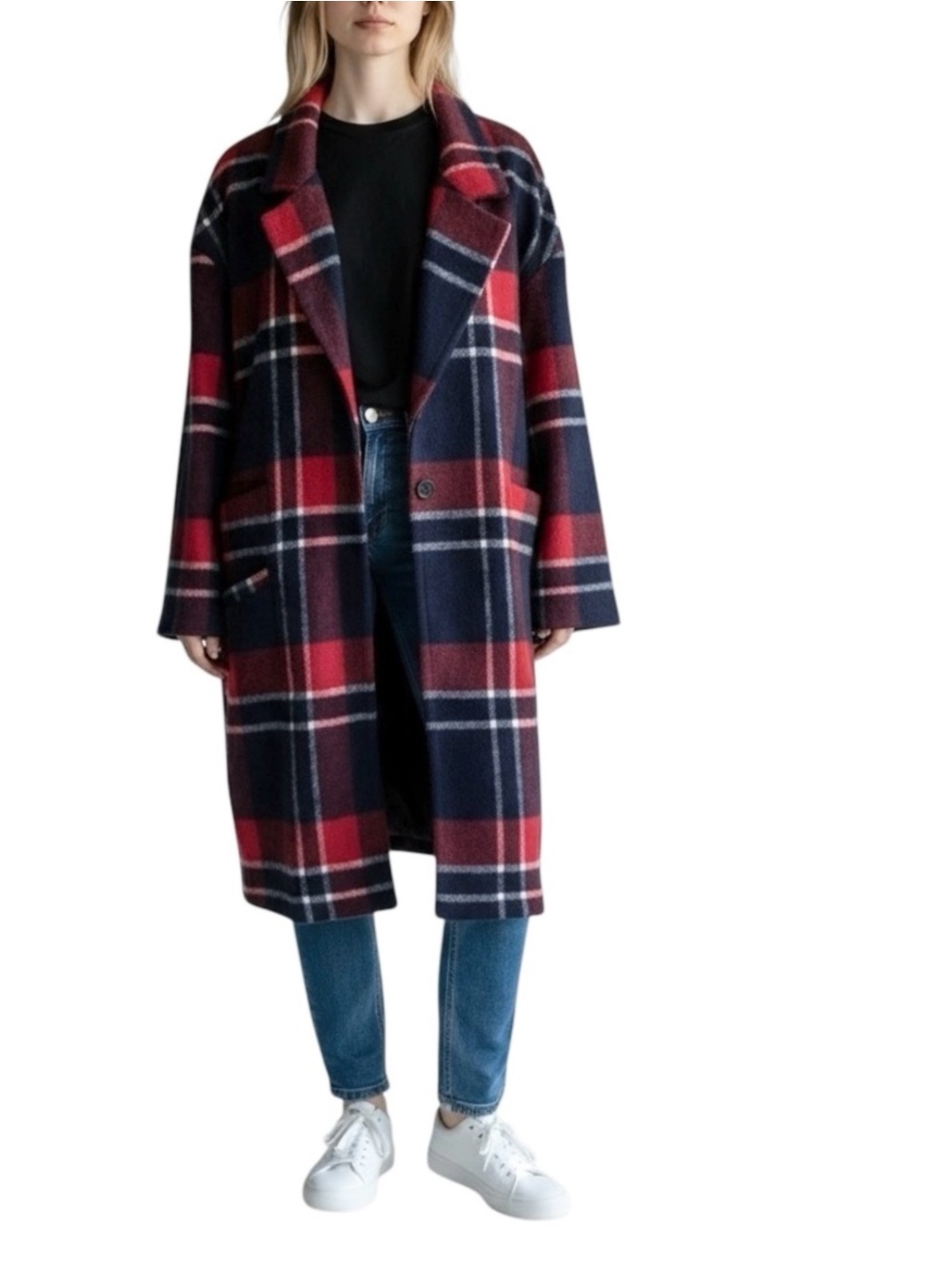 ASOS Liquorish Boxy Straight Coat in Red Navy Check Size 6 EUC
